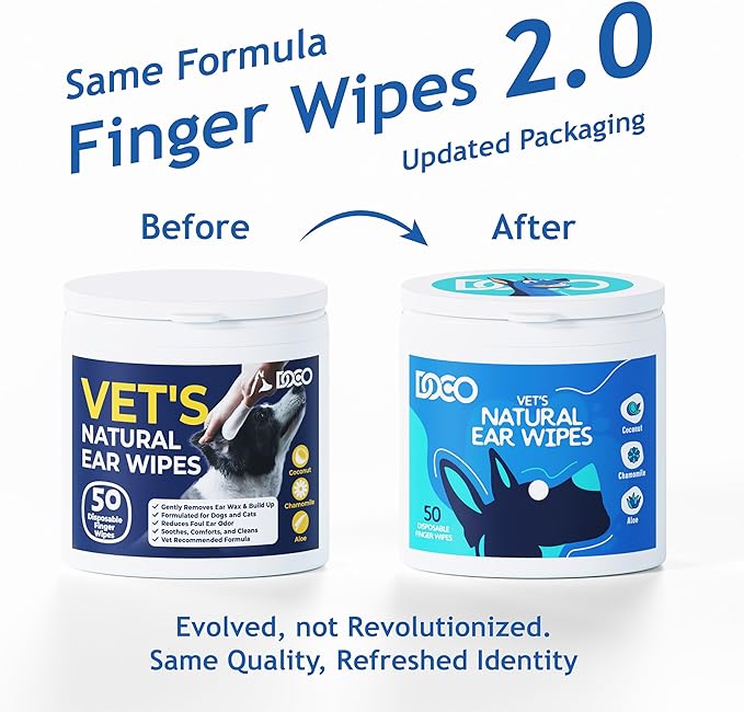 DOCO Dog Ear Cleaner Wipes Finger Cleaning Kit for Dogs & Cats Eucalyptus, Chamomile & Aloe Cat Ear Cleaner Soothes, Deodorizes & Helps Itchy Ears (50 Count)