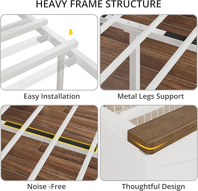 IRONCK Farmhouse Queen Size Bed Frame with LED Light and Charging Station, Wood Bed Frame with Storage Headboard and 2 Drawers, Barn Door Design, Sturdy and Noiseless, White