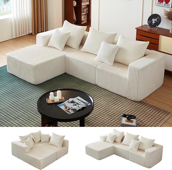 100.7 Inch Cloud Sectional Couch, Boneless Sofa for Living Room, Corduroy Modular Couch with L Shape Chaise, Modern Compressed Sofa in a Box, Memory Foam Filling (Beige)