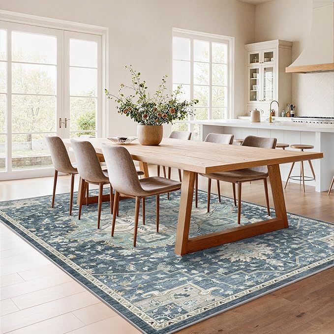 AMADA HOMEFURNISHING 6x9 Area Rugs, Blue Low-Profile Washable Rug with Non-Slip Backing & Durable Edge Binding, Vintage Rugs for Living Room, Bedroom, Dinning Room