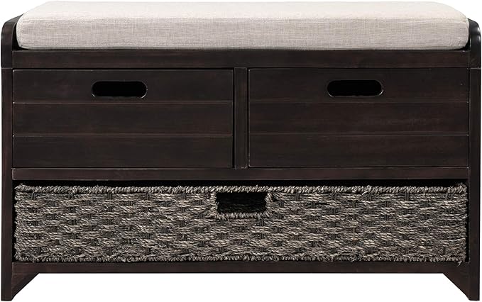 Fully Assembled Storage Bench with Cushioned Seat, 2 Drawers & Removable Basket, Solid Wood Entryway Shoe Bench for Bedroom, Hallway, Living Room (Espresso)