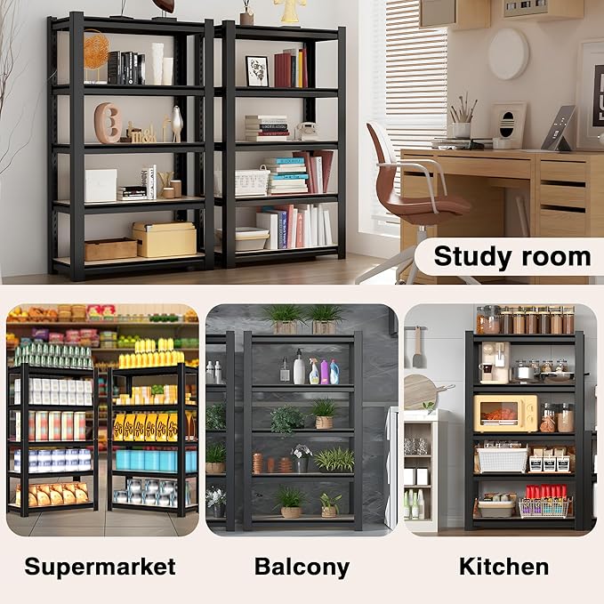 WORKPRO House 5-Tier Shelving Unit, 3000lbs Adjustable Storage Shelves, Boltless Book Shelf, Shelf Organizer for Kitchen, Living Room, Bathroom, Wood Grain Pattern, Waterproof Board, 24-1/10"W, Black