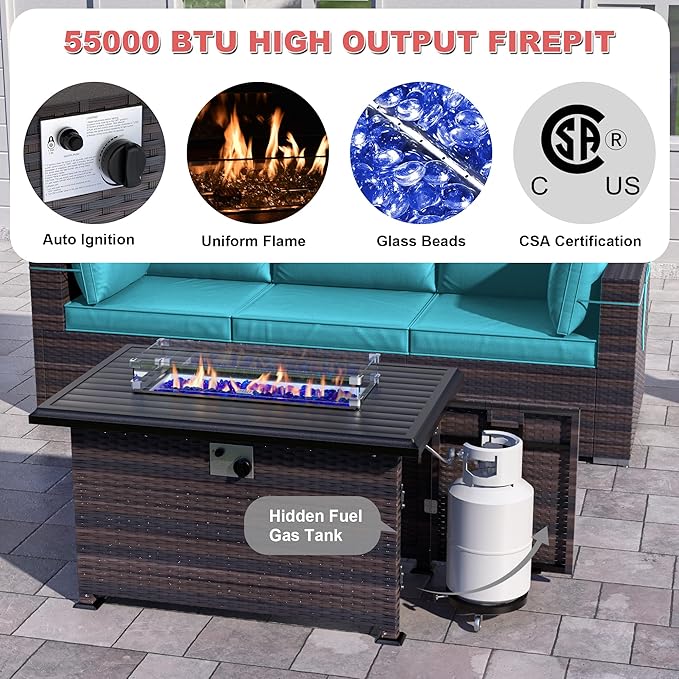 Kurapika 13 Pieces Patio Furniture Set, Rattan Wicker Outdoor Conversation Sets w/43in Propane Fire Pit Table, Swivel Rocking Chairs Patio Sectional Sofa w/4 Inch Cushion, Blue