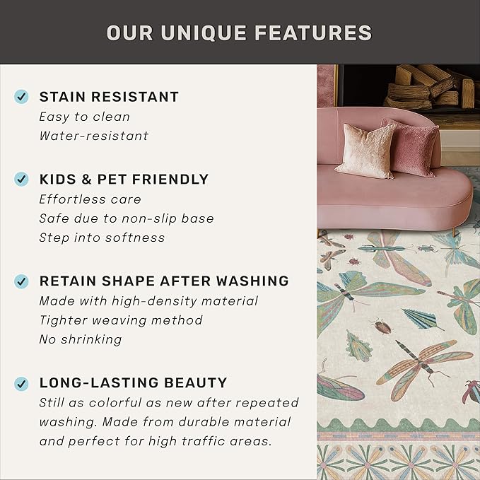 Sage Green Rugs for Bedroom Under Bed - 6x9 Area Rug for Living Room, Dining Room, Kids Playroom, Fun Insect Cute Décor,Ultra Soft Non Slip Stain Resistant