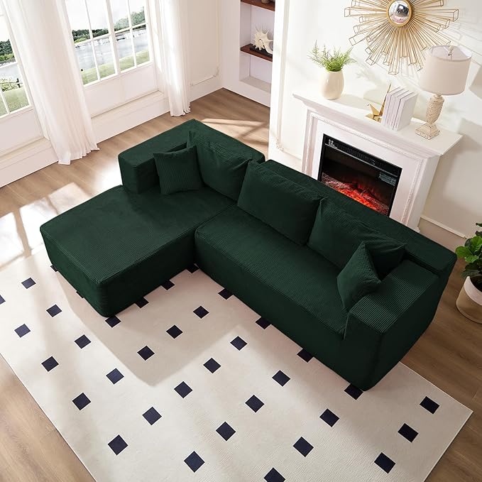 PUREMIND 106" Cloud Sectional Couch for Living Room, Corduroy L Shape Sofa with Deep Seat, Modern Green Couches Modular Boneless Foam Couch Corner Couches, No Assembly Required