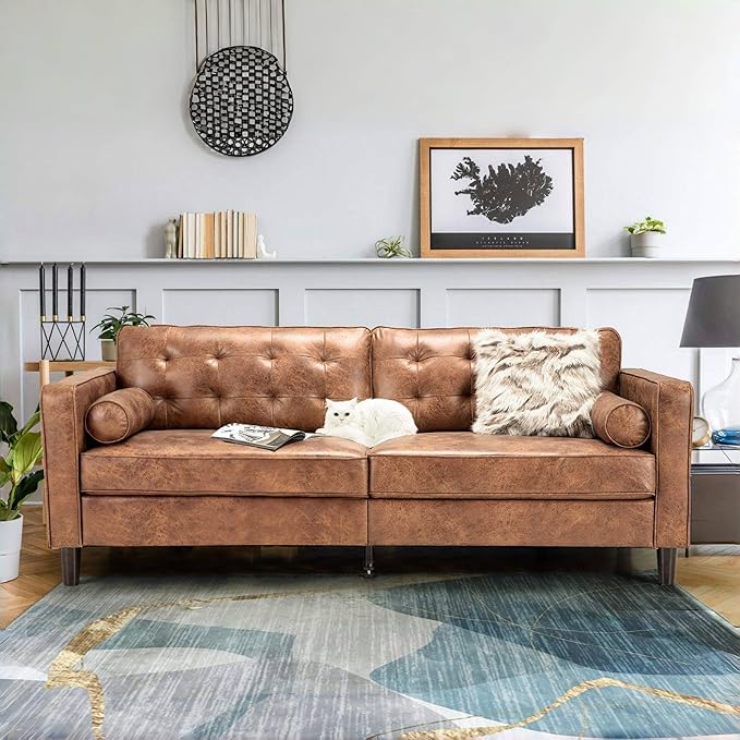 Esright Mid Century Modern Faux Leather Sofa, 84.2-Inch 3-Seater Vintage Couch with 2 Bolster Pillows, Large Brown Sofa for Living Room, Apartment, Office