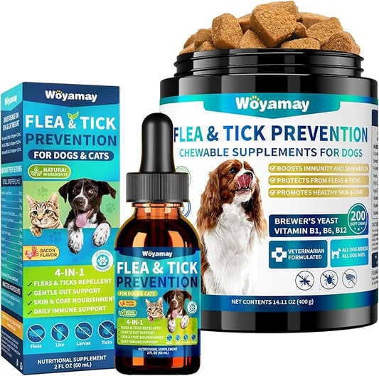 Flea & Tick Prevention Bundle for Dogs & Cats, Natural Oral Drops & Chewables, Daily Flea Defense, Immune & Digestive Support, Safe Cat and Dog Flea Treatment for All Breeds & Sizes