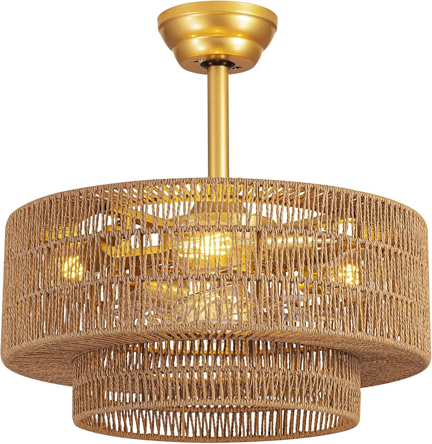 Boho Caged Fandelier with Lights Flush Mount Rattan Ceiling Fan with Lights and Remote Control, Enclosed 6 Speeds Low Profile Fan Light for Bedroom, Living Room, Kitchen