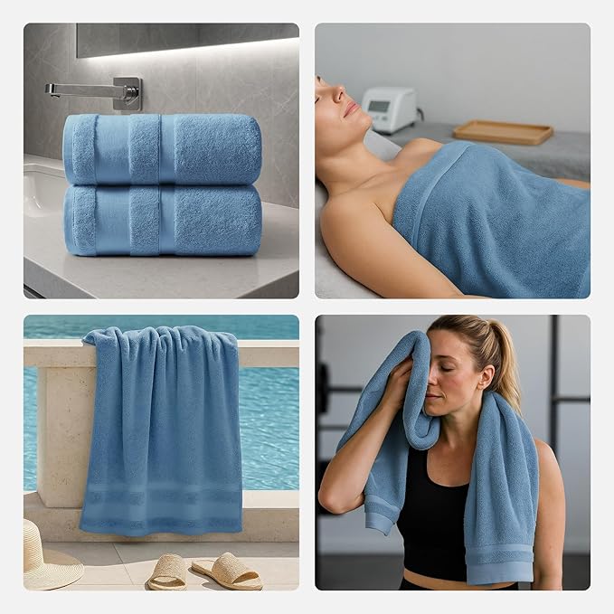 REDKISS 100% Cotton Bath Towels Set of 2, Extra Large Bath Sheets 35 X 70 Inches, 800 GSM, Quick Dry, Ultra Soft & Super Absorbent Bathroom Towel Sets for Bathroom, Gym, Spa, Pool & Hotel, Light Blue