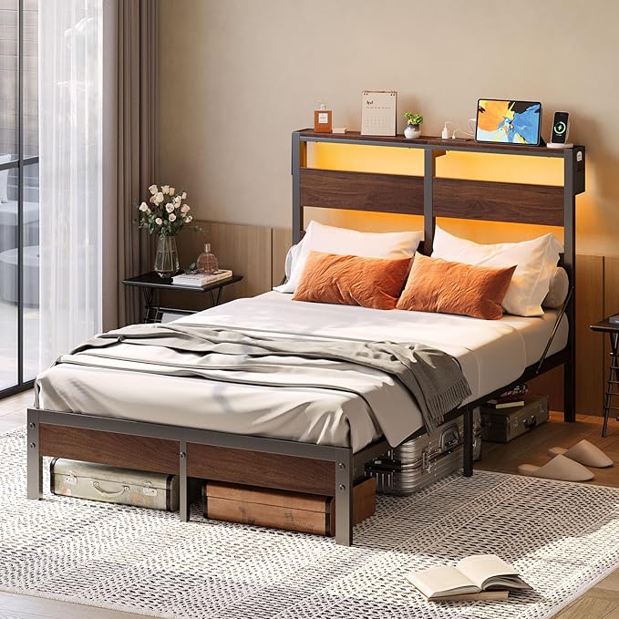 Bestier Full Bed Frame with Headboard Storage and Charging Station, Walnut Platform Bed Frame with LED Light, Non-Slip Metal Bed Frame Full Size, Noise-Free, Easy Assembly, Walnut