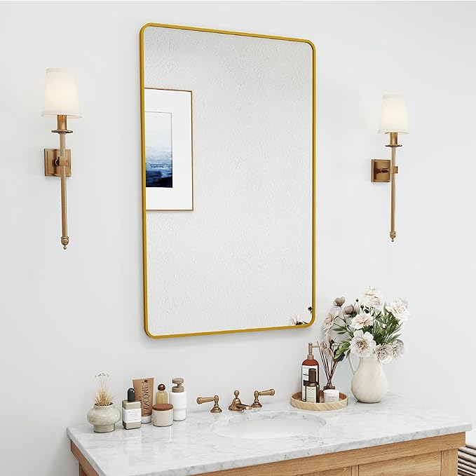 24x36 Mirror Rectangle Full Length Wall Mounted or Against Wall Aluminum Alloy Metal Frame Dressing Mirrors for Entryway Bedroom Bathroom Living Room 36x24 inch Gold