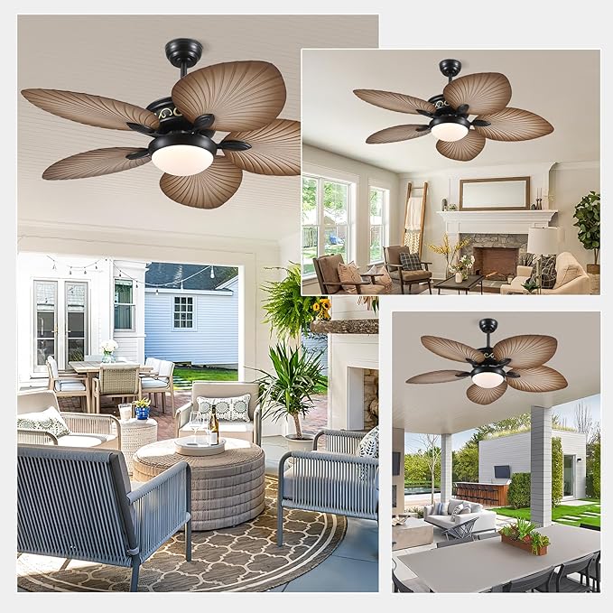 Ceiling Fans with Lights and Remote/APP Control, 52 Inch Tropical Palm Leaf Ceiling Fan with LED Lights, Outdoor Ceiling Fans for Patios Porch, Reversible Quiet Motor, Dimmable, Wood Grain