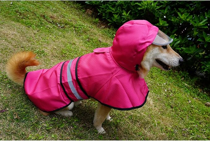 Dog Raincoat Waterproof Reflective Slicker - Lightweight Breathable Hooded Poncho Rain Coat Jacket with Adjustable Belly Strap and Leash Hole for Small Medium Large Dogs (Pink, X-Large)