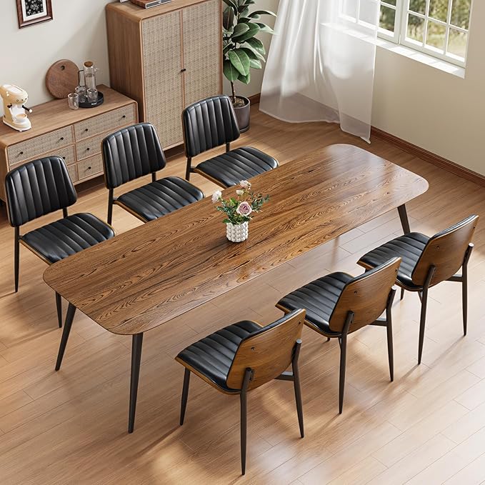 Dining Chairs Set of 2, FSC Certified Mid Century Modern Dining Room Kitchen Chairs, Upholstered PU Leather Vertical Stripe Chairs for Vanity with Walnut Bentwood and Metal Legs, Black