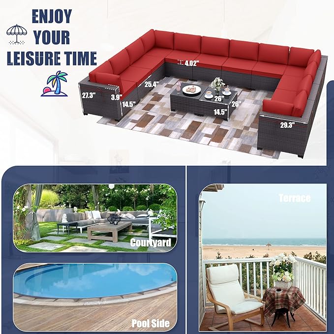 Kurapika 14 Pieces Patio Furniture Set, Rattan Wicker Outdoor Conversation Sets w/4 Inch Cushion and Glass Coffee Table(Red)