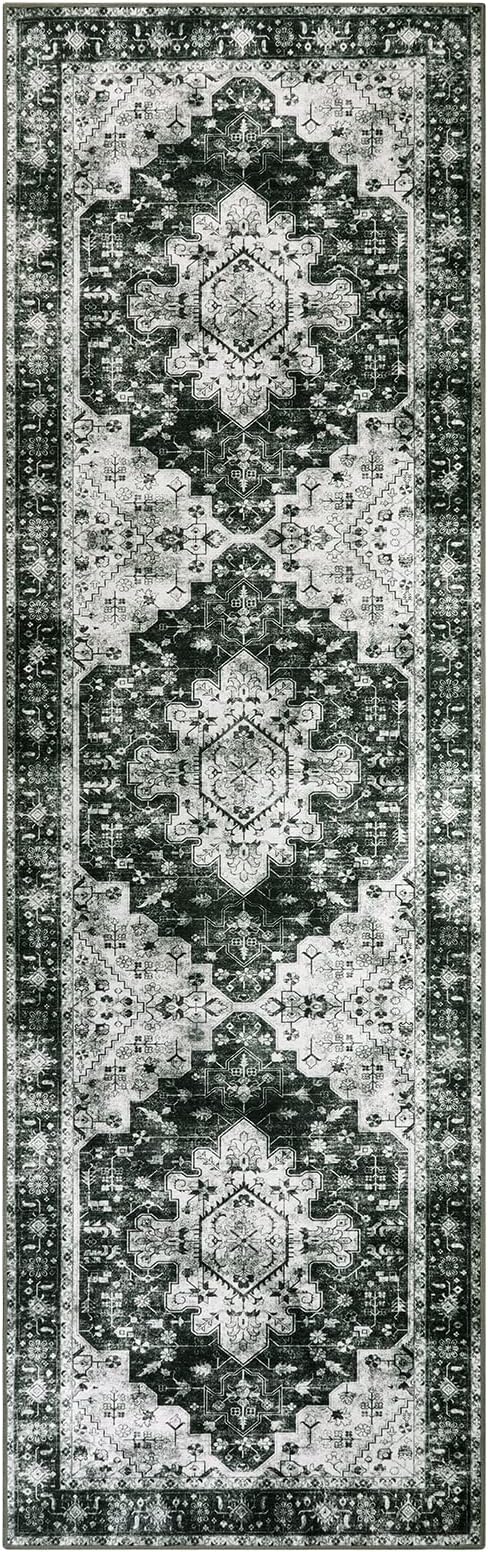 Moynesa Ultra-Thin Washable Vintage Runner Rug - 2'6"x8 Hallway Runner Non-Slip Non-Shedding Stain Resistant Kitchen Mat Boho Oriental Medallion Laundry Carpet for Entrance Bedside, Black/White