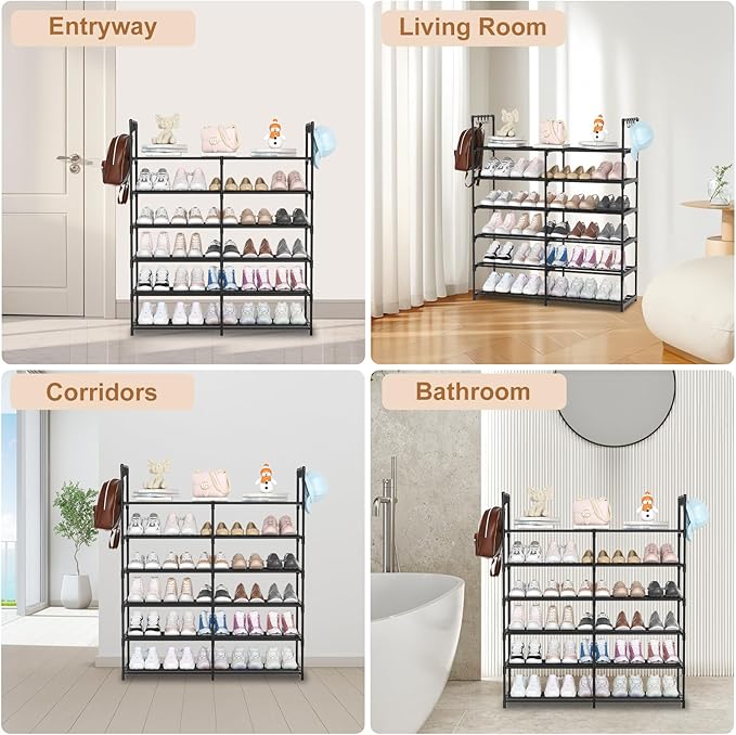 2-Row 6-Tier Stackable Shoe Rack, Black Metal Shoe Shelf with Multifunctional Hooks, Hold 24-30 Pairs, Space Saving Shoes Organizer for Closet,Show Rack