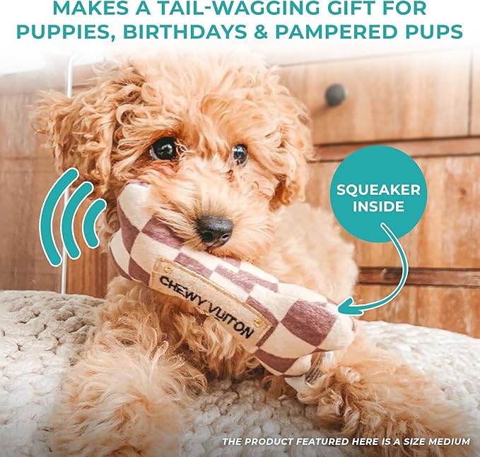 Haute Diggity Dog Checker Chewy Vuiton Bone, Plush Designer Dog Toys with Interactive Squeaker, Stimulating Pet Enrichment, Machine-Washable & Safe Materials for All Breeds, Size Small