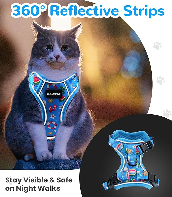 Halypet Cat Harness and Leash Set for Walking, Escape Proof Adjustable Vest Harness with 3-in-1 Integrated Buckles, Easy Control Soft Breathable Mesh with Reflective Strips for Cats, XS, Ocean Blue