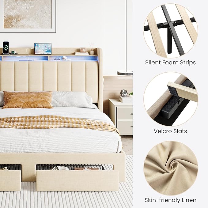 SHA CERLIN King Size Platform Bed Frame with Vertical Channel Tufted Wingback Headboard & 2 Storage Drawers/2-Tier Shelves with LED Lights & Charging Station/Noise-Free/No Box Spring Needed/Beige