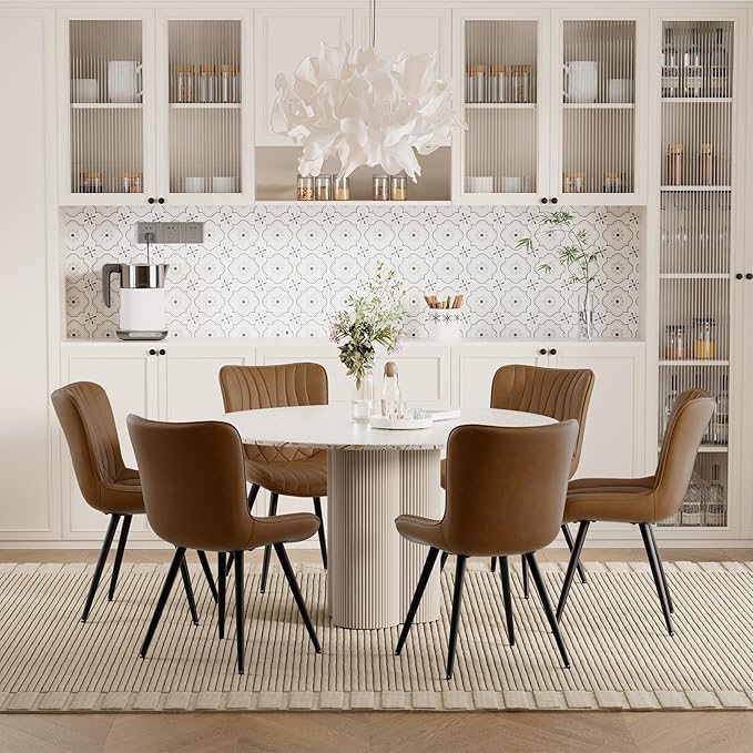 Dining Chair Set of 6 PU Leather Dining Room Chairs Upholstered Comfy Dining Chairs Modern Kitchen Armless Side Chair with Sturdy Metal Legs,Brown