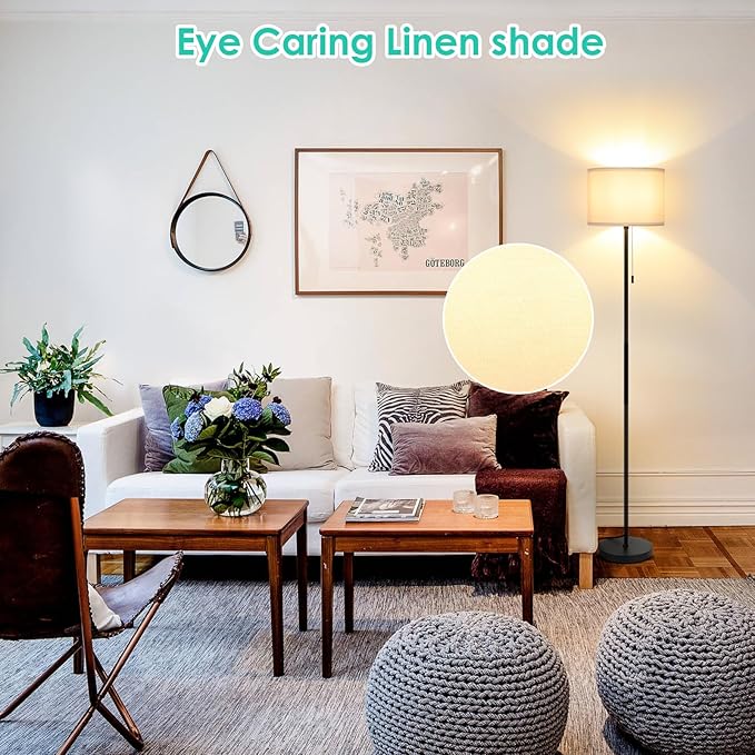 FOLKSMATE Floor Lamp for Living Room, Modern LED Simple Standing Lamps, Minimalist Tall Lamp for Bedroom, Living Room, Office, Kids Room, Reading Light, Black Pole Lamp with White Shade, Without Bulb