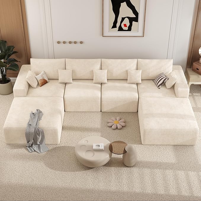 146" Modular Sectional Sofa, Convertible U-Shaped Cloud Couches for Living Room with Ottoman, 6 Seater Corduroy Boneless Couch Sofa Set, No Assembly Required, Beige 1 PCS