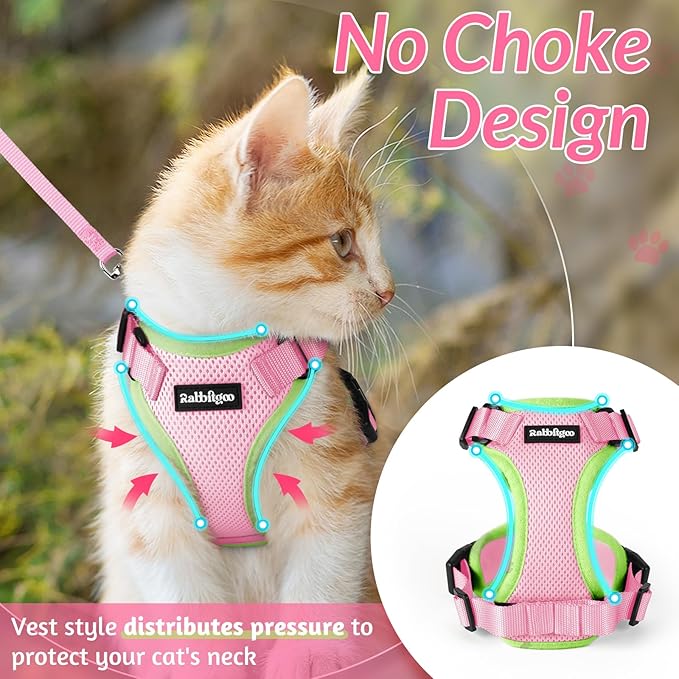 rabbitgoo Cat Harness and Leash for Walking, Escape Proof Soft Adjustable Vest Harnesses for Cats, Easy Control Breathable Reflective Strips Jacket, Green&Pink, S