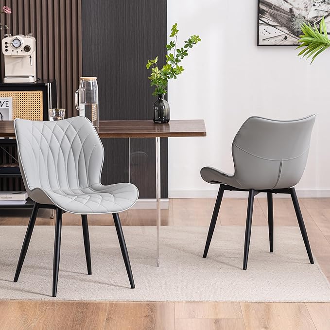 Kidol & Shellder Dining Chairs Set of 2 Modern Kitchen Chairs with Back Armless Accent Chairs for Living Room Upholstered Faux Leather Chair Mid Century Comfy Side Chair with Metal Legs, Grey