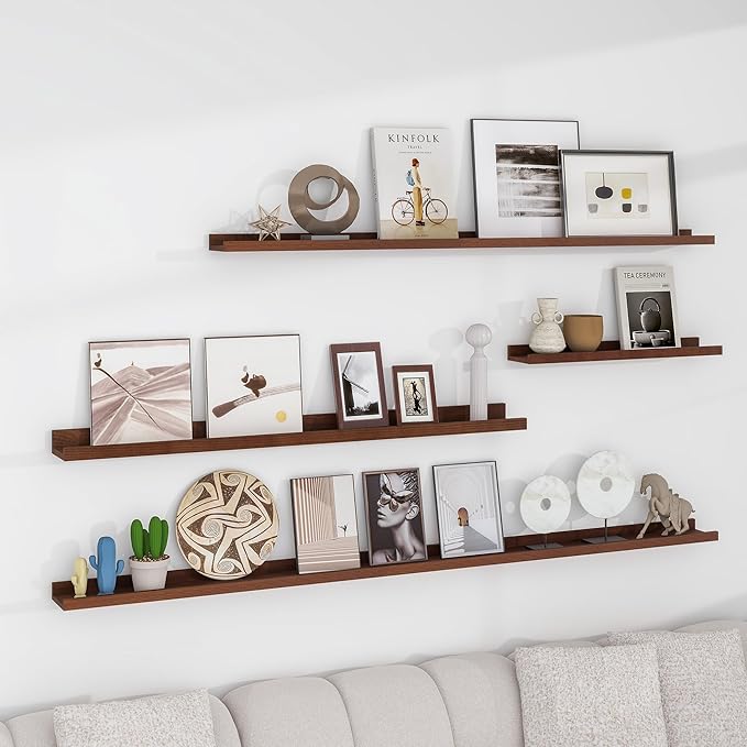 Picture Ledge Shelf, 72 inch Solid Ash Wood Floating Shelves Set of 2, Picture Ledge Photo Ledge Wall Mounted for Living Room Kids' Room Bedroom, Color Walnut