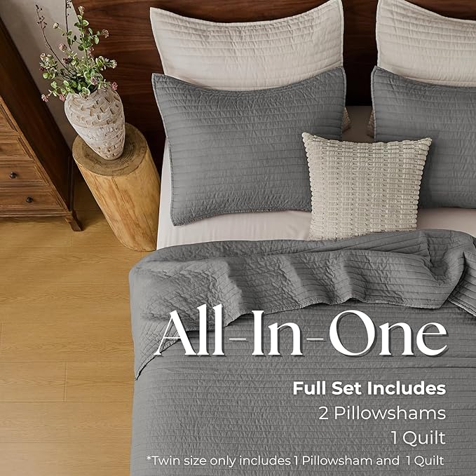 DOWN HOME Queen Quilt Bedding Set with Shams, Vintage Washed Soft Quilted Blanket Thin Comforter Lightweight Bedspread Coverlet Bed Cover, Brushed Microfiber Stripe Stitching, Ash Gray, 86"x90"