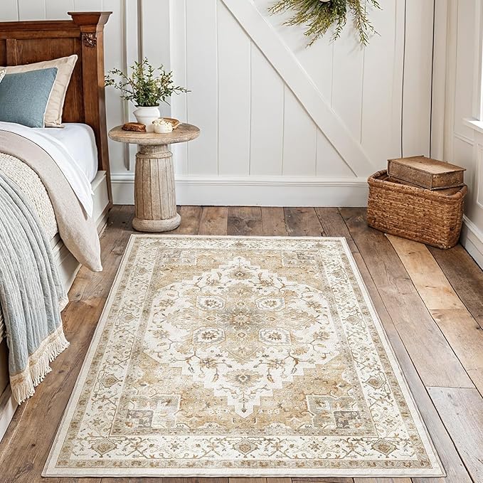 AMADA HOMEFURNISHING 3x5 Washable Area Rug, Low-Profile Entryway Rug with Non-Slip Backing & Durable Edge Binding, Vintage Rugs for Bedroom, Entryway & Kitchen