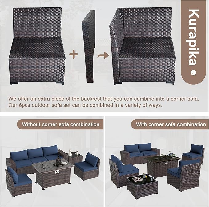 Kurapika 7 Pieces Patio Furniture Set, Rattan Wicker Outdoor Conversation Sets w/43in Propane Fire Pit Table and 4 Inch Cushion(Navy Blue)