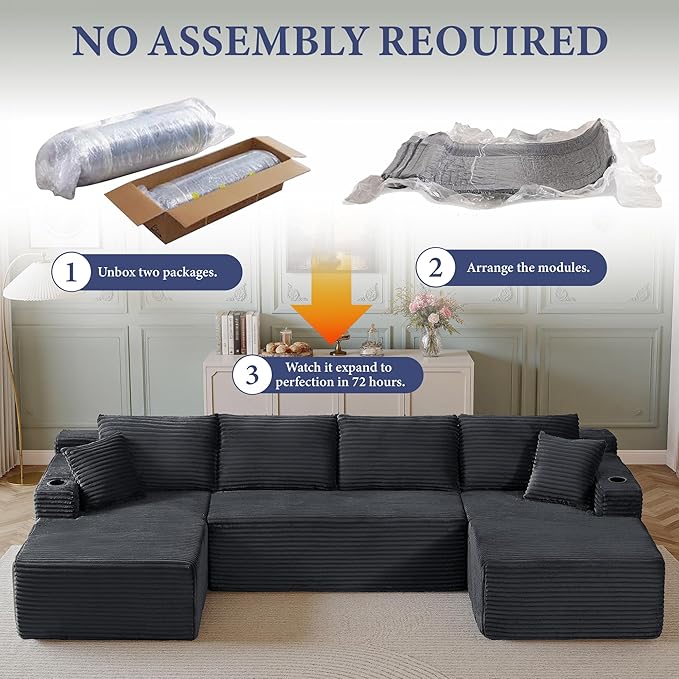 133" Couches for Living Room Deep-Seat Sectional Couch for Living Room Corduroy Boneless Couchs U-Shape Cloud Couch Flexible Modular Sectional Sofa with Chaise Lounge (Dark Gray, with Cup Holder)