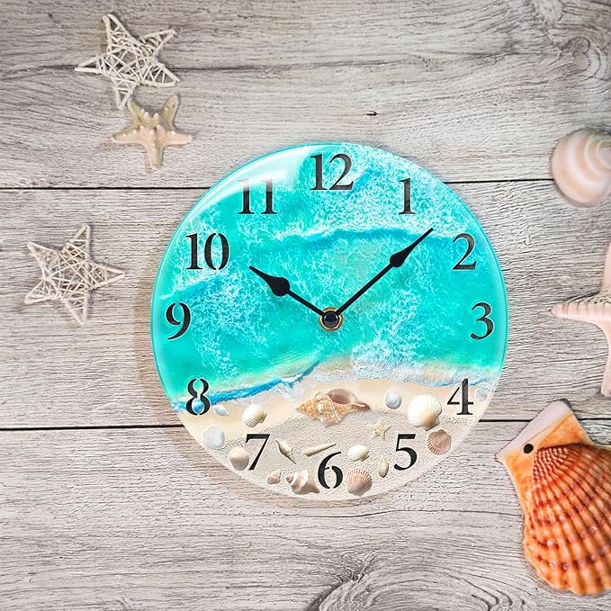 Coastal Nautical Glass Wall Clock with Seashell Design and Aesthetic Beach Theme - Battery Operated Silent Wall Decor for Home, Kitchen, Living Room, Office, Bedroom, or Bathroom (8 Inch,Teal)