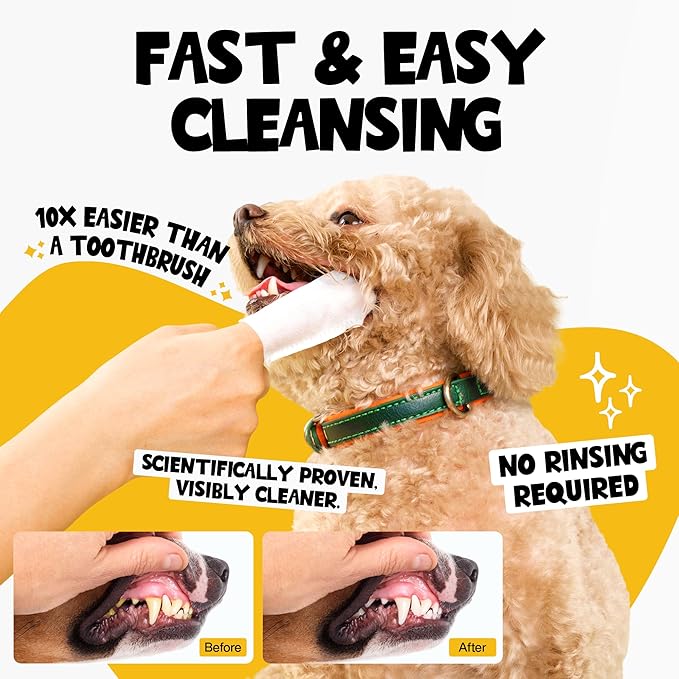 Dog Teeth Cleaning Wipes 60 Packs - Peanut Butter Dental Wipes to Reduce Plaque & Tartar for Dogs & Cats - Pet Dental Wipes for Oral Freshness