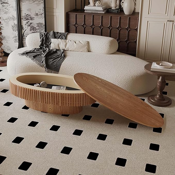 47.2" Oval Coffee Table with Storage, Fluted Coffee Table with Solid Wood Veneered, Mid Century Modern Wooden Center Table, Accent Tea Table for Living Room Apartment, Natural