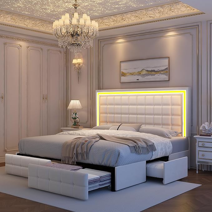 King Bed Frame with LED Lights & Storage Drawers, No Box Spring Needed, Heavy Duty 900lbs Weight Capacity, Easy Assembly, Modern Upholstered Platform Bed, Velvet Cream
