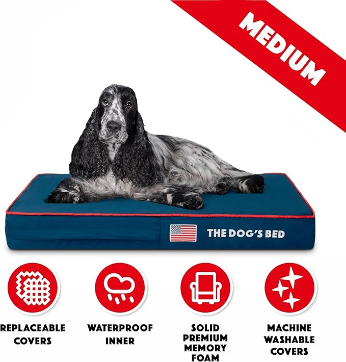 The Dog’s Bed Orthopedic Memory Foam Dog Bed, Medium Blue Oxford with Red Trim USA Flag 34x22, Pain Relief for Arthritis, Hip & Elbow Dysplasia, Post Surgery, Supportive, Calming, Waterproof Washable