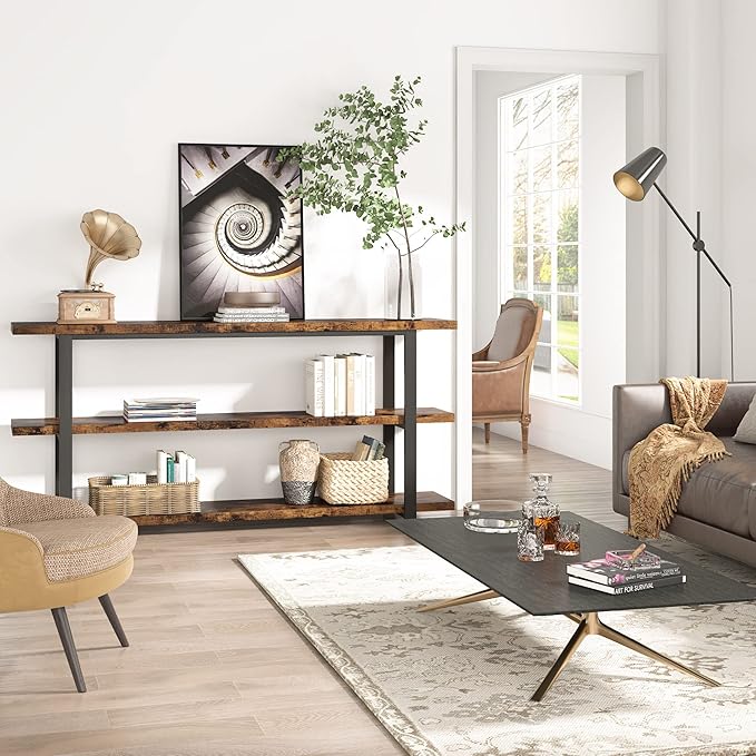 VANOMi 70.8 Inch Extra Long Console Table for Entryway, Narrow Hallway Table, Wood Sofa Table with 3 Tier Storage Shelves for Living Room