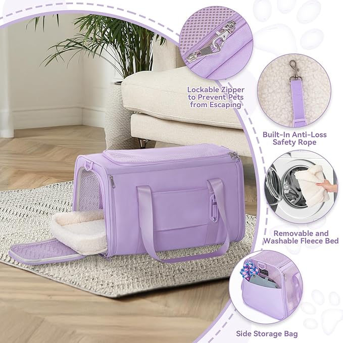 PETSFIT Soft-Sided Cat Carriers & Car Seats with Patent Safe Buckles, Clip-On Harness,19"x12"x12" Pet Travel Carrier - 20 lbs Capacity (Purple)