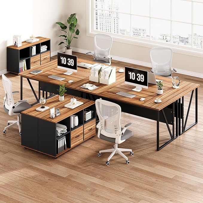 LITTLE TREE 63" Office Desk and 47" File Drawer Cabinet, Large Computer Desk, Study Writing Desk Workstation for Home Office