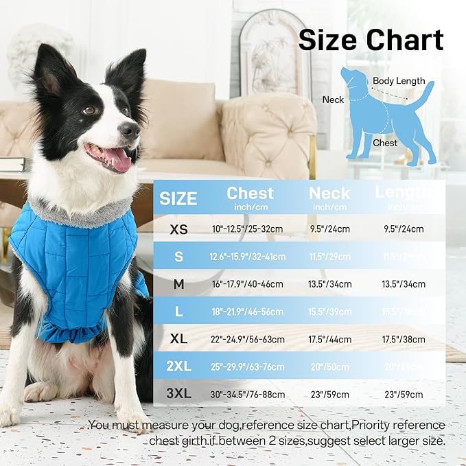 Warm Fleece Dog Coats with Durable Harness Buitl in D-Ring,Waterproof Doggie Jacket for Large Dogs,Dog Vest for Cold Winter,Light Blue XXXL