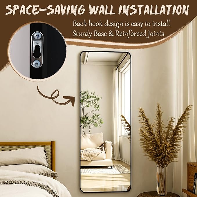 56"x21" Floor Full Length Mirror Standing Full Body Rounded Corner Rectangle Mirrors with Stand Hanging Wall Mounted Leaning Bedroom Living Room Bedroom Cloakroom,Black