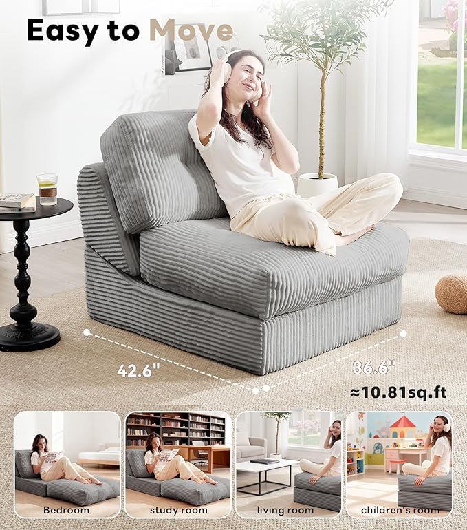 Tbfit Folding Sofa Bed, Convertible Sleeper Chair with Large Pillow, Corduroy Folding Couch Bed, Portable & Foldable Mattress Boneless Floor Sofa for Living Room, Bedroom, Office, Grey, Single