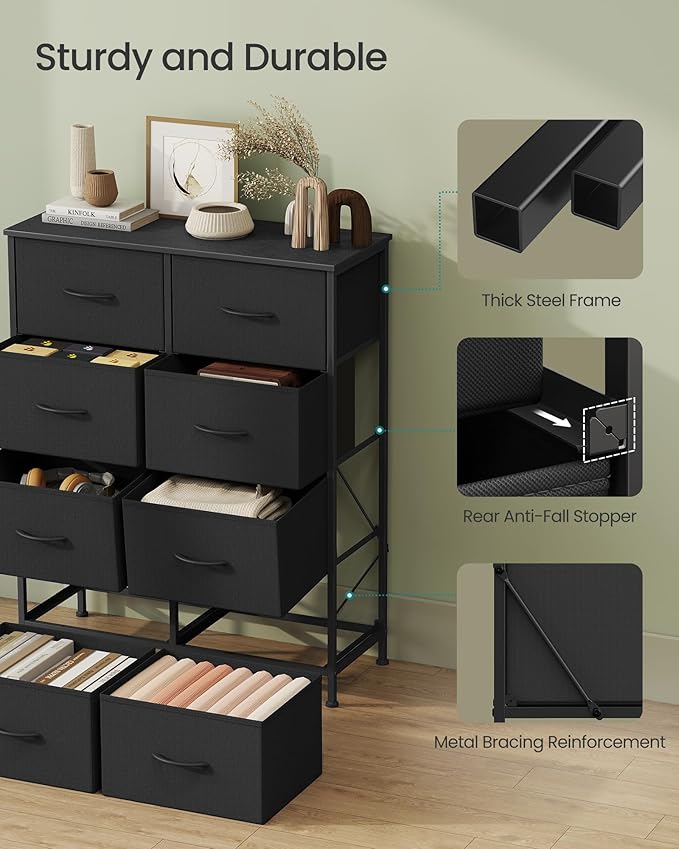 SONGMICS Dresser for Bedroom, Chest of Drawers, Steel, MDF, 8 Non-Woven Fabric Drawers, Storage Organizer Unit, Closet, Entryway, Ink Black and Ebony Black ULGS124B01S