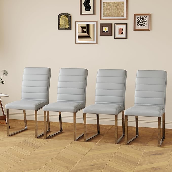 Modern Dining Chairs Set of 4, White Faux Leather Kitchen Chairs, Upholstered Armless Dining Room Chair with Gold Mental Legs Heavy Duty, Comfortable (Grey Chiars, Set of 4)