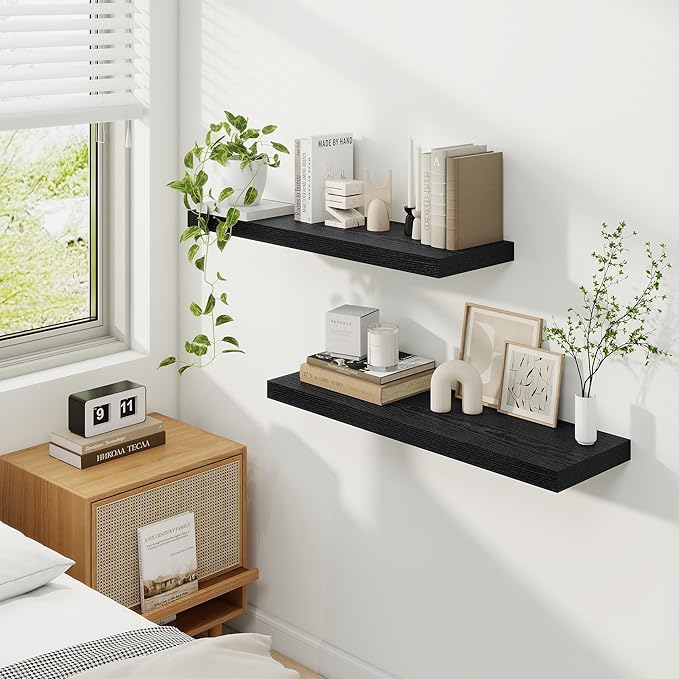Fun Memories Floating Shelves for Wall, 32 Inch Rustic Wood Wall Mounted Shelves for Bathroom, Bedroom, Kitchen, Living Room, Deep Floating Shelves for Storage & Home Decor (Black, Set of 2)
