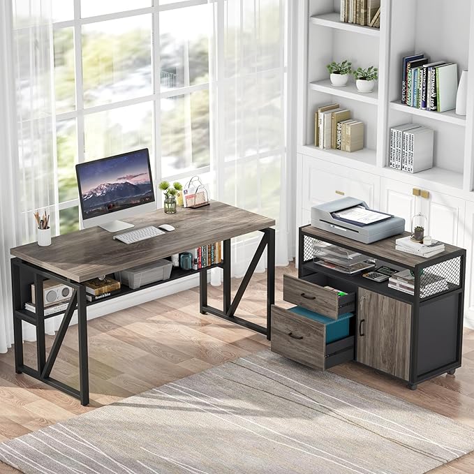 Tribesigns Office Desk with Drawers Sets, 55 inches L Shaped Computer Desk with Mobile File Cabinet,Big Executive Desk for Home Office Furniture Sets (Dark Oak, 55-inch)