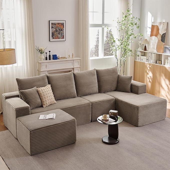 135" U-Shape Cloud Couch, Modern Modular Sectional Comfy L-Shape Sofa with Ottoman, Deep Seat, Upholstered Corduroy Sleeper Chaise Longue for Living Room Bedroom, No Assembly Required, Camel